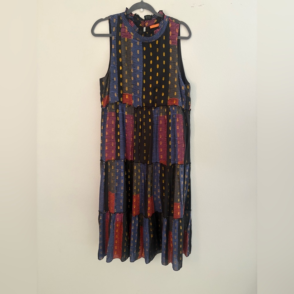 Oliphant Black Sleeveless Tiered Maxi Dress with Blue, Red and Yellow Accents